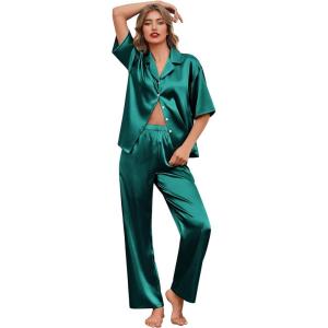 Ekouaer Silk Satin Pajamas Set Women Short Sleeve Pj Sets Button Down Sleepwear 2 Piece Soft Loungewear S-XXL(Blue Green)