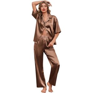 Ekouaer Silk Satin Pajamas Set Women Short Sleeve Pj Sets Button Down Sleepwear 2 Piece Soft Loungewear S-XXL(Brown)
