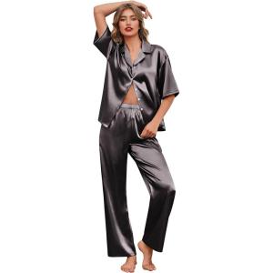 Ekouaer Silk Satin Pajamas Set Women Short Sleeve Pj Sets Button Down Sleepwear 2 Piece Soft Loungewear S-XXL(Gray)