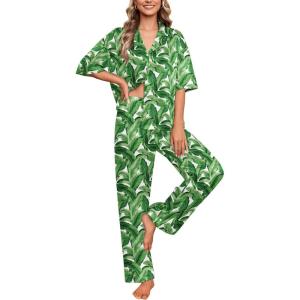 Ekouaer Silk Satin Pajamas Set Women Short Sleeve Pj Sets Button Down Sleepwear 2 Piece Soft Loungewear S-XXL(Green Leaves)