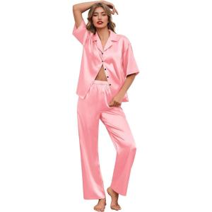 Ekouaer Silk Satin Pajamas Set Women Short Sleeve Pj Sets Button Down Sleepwear 2 Piece Soft Loungewear S-XXL(Light Pink)