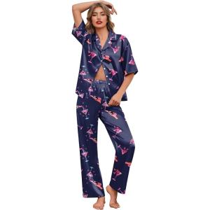 Ekouaer Silk Satin Pajamas Set Women Short Sleeve Pj Sets Button Down Sleepwear 2 Piece Soft Loungewear S-XXL(Navy Martini)