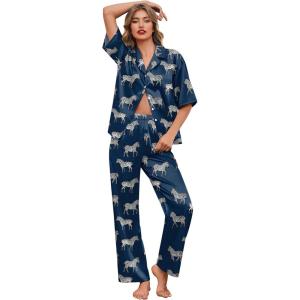Ekouaer Silk Satin Pajamas Set Women Short Sleeve Pj Sets Button Down Sleepwear 2 Piece Soft Loungewear S-XXL(Navy Zebra)