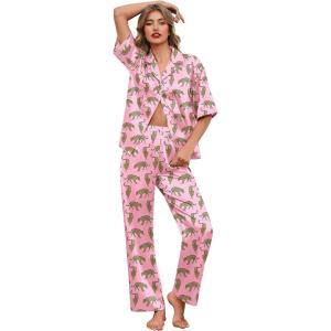 Ekouaer Silk Satin Pajamas Set Women Short Sleeve Pj Sets Button Down Sleepwear 2 Piece Soft Loungewear S-XXL(Pink Cheetah)
