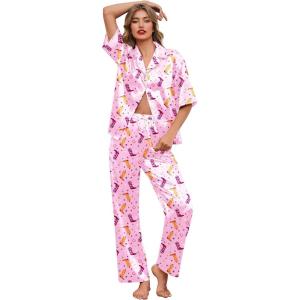 Ekouaer Silk Satin Pajamas Set Women Short Sleeve Pj Sets Button Down Sleepwear 2 Piece Soft Loungewear S-XXL(Pink Cowgirl)