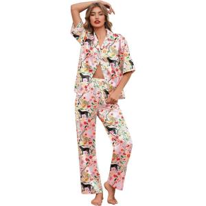 Ekouaer Silk Satin Pajamas Set Women Short Sleeve Pj Sets Button Down Sleepwear 2 Piece Soft Loungewear S-XXL(Pink Tiger)