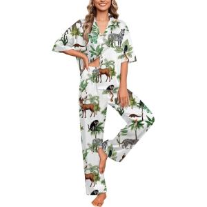 Ekouaer Silk Satin Pajamas Set Women Short Sleeve Pj Sets Button Down Sleepwear 2 Piece Soft Loungewear S-XXL(White Animal)