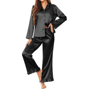 Ekouaer Silk Satin Pajamas Set Womens Long Sleepwear Button Down 2 Piece Classic Soft Loungewear Pjs Set(Black)