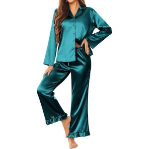 Ekouaer Silk Satin Pajamas Set Womens Long Sleepwear Button Down 2 Piece Classic Soft Loungewear Pjs Set(Blue Green)
