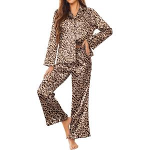 Ekouaer Silk Satin Pajamas Set Womens Long Sleepwear Button Down 2 Piece Classic Soft Loungewear Pjs Set(Brown Leopard)