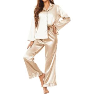 Ekouaer Silk Satin Pajamas Set Womens Long Sleepwear Button Down 2 Piece Classic Soft Loungewear Pjs Set(Champagne)