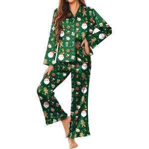 Ekouaer Silk Satin Pajamas Set Womens Long Sleepwear Button Down 2 Piece Classic Soft Loungewear Pjs Set(Christmas Green)