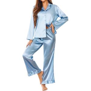 Ekouaer Silk Satin Pajamas Set Womens Long Sleepwear Button Down 2 Piece Classic Soft Loungewear Pjs Set(Clear Blue)