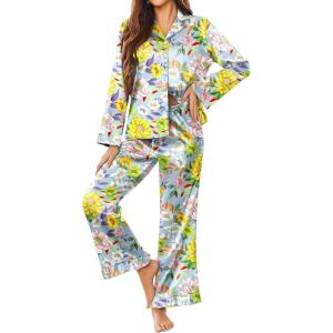 Ekouaer Silk Satin Pajamas Set Womens Long Sleepwear Button Down 2 Piece Classic Soft Loungewear Pjs Set(Floral)