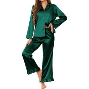 Ekouaer Silk Satin Pajamas Set Womens Long Sleepwear Button Down 2 Piece Classic Soft Loungewear Pjs Set(Green)