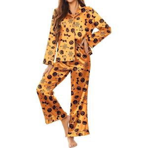 Ekouaer Silk Satin Pajamas Set Womens Long Sleepwear Button Down 2 Piece Classic Soft Loungewear Pjs Set(Halloween)