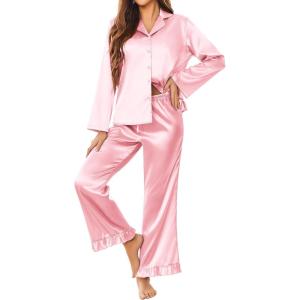 Ekouaer Silk Satin Pajamas Set Womens Long Sleepwear Button Down 2 Piece Classic Soft Loungewear Pjs Set(Pink)