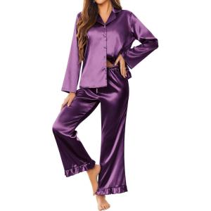 Ekouaer Silk Satin Pajamas Set Womens Long Sleepwear Button Down 2 Piece Classic Soft Loungewear Pjs Set(Purple)