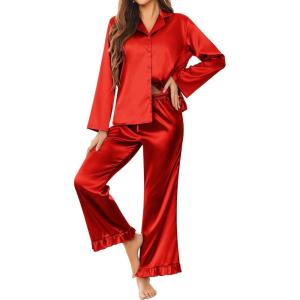 Ekouaer Silk Satin Pajamas Set Womens Long Sleepwear Button Down 2 Piece Classic Soft Loungewear Pjs Set(Red)
