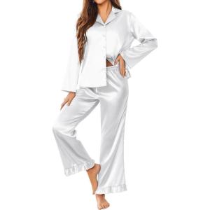 Ekouaer Silk Satin Pajamas Set Womens Long Sleepwear Button Down 2 Piece Classic Soft Loungewear Pjs Set(White)