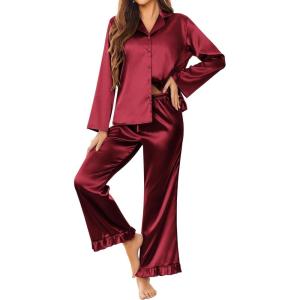 Ekouaer Silk Satin Pajamas Set Womens Long Sleepwear Button Down 2 Piece Classic Soft Loungewear Pjs Set(Wine Red)