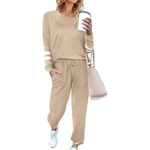 Ekouaer Sweatsuits Womens Loungewear Set Tracksuit Long Sleeve Pajamas Set with Pockets 2 Piece Outfits Lounge Sets(Khaki2)