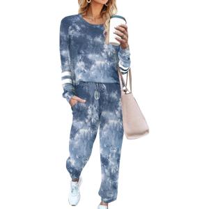 Ekouaer Sweatsuits Womens Loungewear Set Tracksuit Long Sleeve Pajamas Set with Pockets 2 Piece Outfits Lounge Sets(Tie Dye Navy Blue)