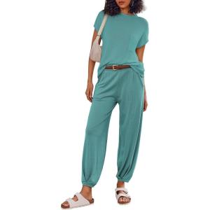 Ekouaer Two Piece Outfits Lounge Sets for Women Sweater Sets Knit Short Sleeve Tops Jogger Pants Matching Tracksuit(Blue Green)