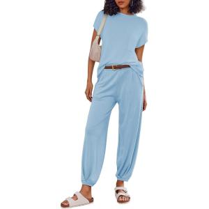 Ekouaer Two Piece Outfits Lounge Sets for Women Sweater Sets Knit Short Sleeve Tops Jogger Pants Matching Tracksuit(Clear Blue)