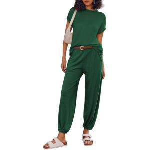 Ekouaer Two Piece Outfits Lounge Sets for Women Sweater Sets Knit Short Sleeve Tops Jogger Pants Matching Tracksuit(Dark Green)