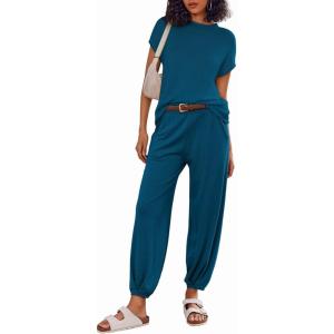 Ekouaer Two Piece Outfits Lounge Sets for Women Sweater Sets Knit Short Sleeve Tops Jogger Pants Matching Tracksuit(Deep Blue)