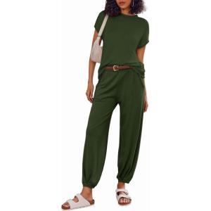 Ekouaer Two Piece Outfits Lounge Sets for Women Sweater Sets Knit Short Sleeve Tops Jogger Pants Matching Tracksuit(Green)