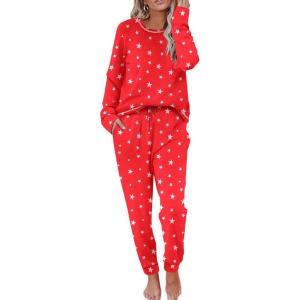 Ekouaer Valentine’s Pajamas Women’s Long Sleeve Pj Set Soft 2 Piece Loungewear Sleepwear with Jogger Pants XS-3XL(Red Stars)