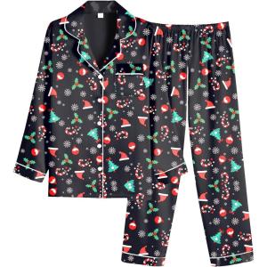 Ekouaer Women Satin Pajamas Set Classic Button Down Long Pjs Set(Black Chirstmas Pattern)