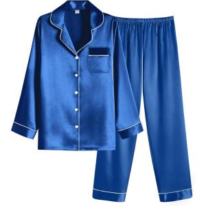 Ekouaer Women Satin Pajamas Set Classic Button Down Long Pjs Set(Blue)