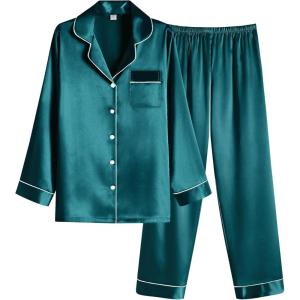 Ekouaer Women Satin Pajamas Set Classic Button Down Long Pjs Set(Blue Green)