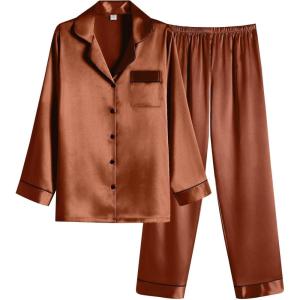 Ekouaer Women Satin Pajamas Set Classic Button Down Long Pjs Set(Brown)