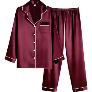 Ekouaer Women Satin Pajamas Set Classic Button Down Long Pjs Set(Burgundy)