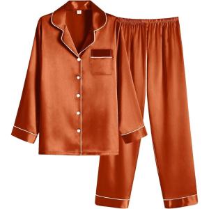 Ekouaer Women Satin Pajamas Set Classic Button Down Long Pjs Set(Caramel)