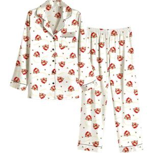 Ekouaer Women Satin Pajamas Set Classic Button Down Long Pjs Set(Chirstmas Teddy)