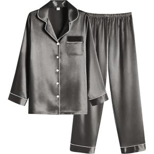 Ekouaer Women Satin Pajamas Set Classic Button Down Long Pjs Set(Deep Grey)