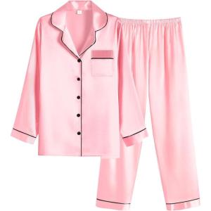 Ekouaer Women Satin Pajamas Set Classic Button Down Long Pjs Set(Deep Pink)