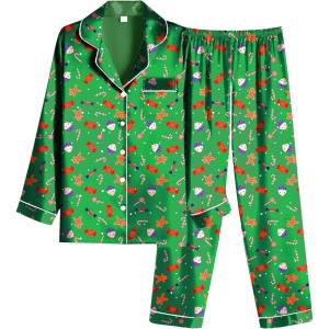 Ekouaer Women Satin Pajamas Set Classic Button Down Long Pjs Set(Green Chirstmas Pattern)