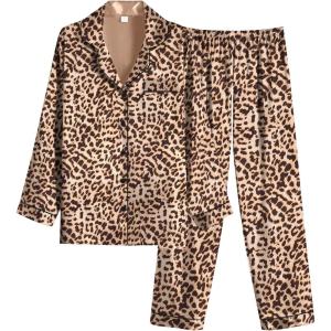 Ekouaer Women Satin Pajamas Set Classic Button Down Long Pjs Set(Leopard)