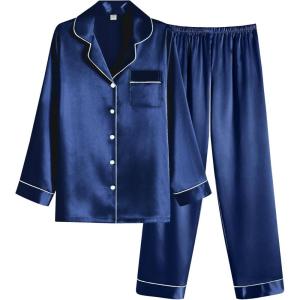 Ekouaer Women Satin Pajamas Set Classic Button Down Long Pjs Set(Navy Blue)