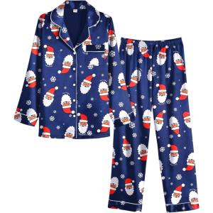 Ekouaer Women Satin Pajamas Set Classic Button Down Long Pjs Set(Navy Blue Christmas)