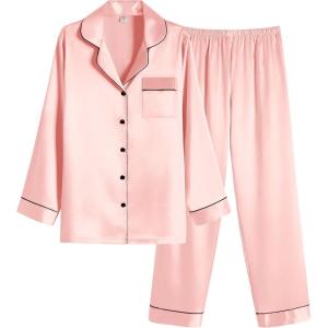 Ekouaer Women Satin Pajamas Set Classic Button Down Long Pjs Set(Pastel Pink)