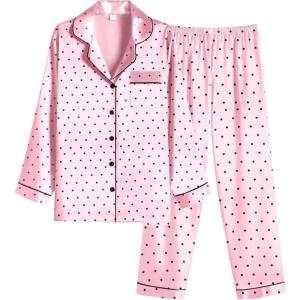 Ekouaer Women Satin Pajamas Set Classic Button Down Long Pjs Set(Pink Dots)