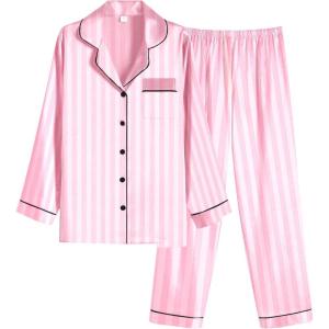 Ekouaer Women Satin Pajamas Set Classic Button Down Long Pjs Set(Pink Stripes)