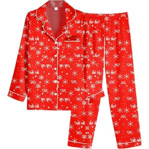 Ekouaer Women Satin Pajamas Set Classic Button Down Long Pjs Set(Red Alphabet Chirstmas)